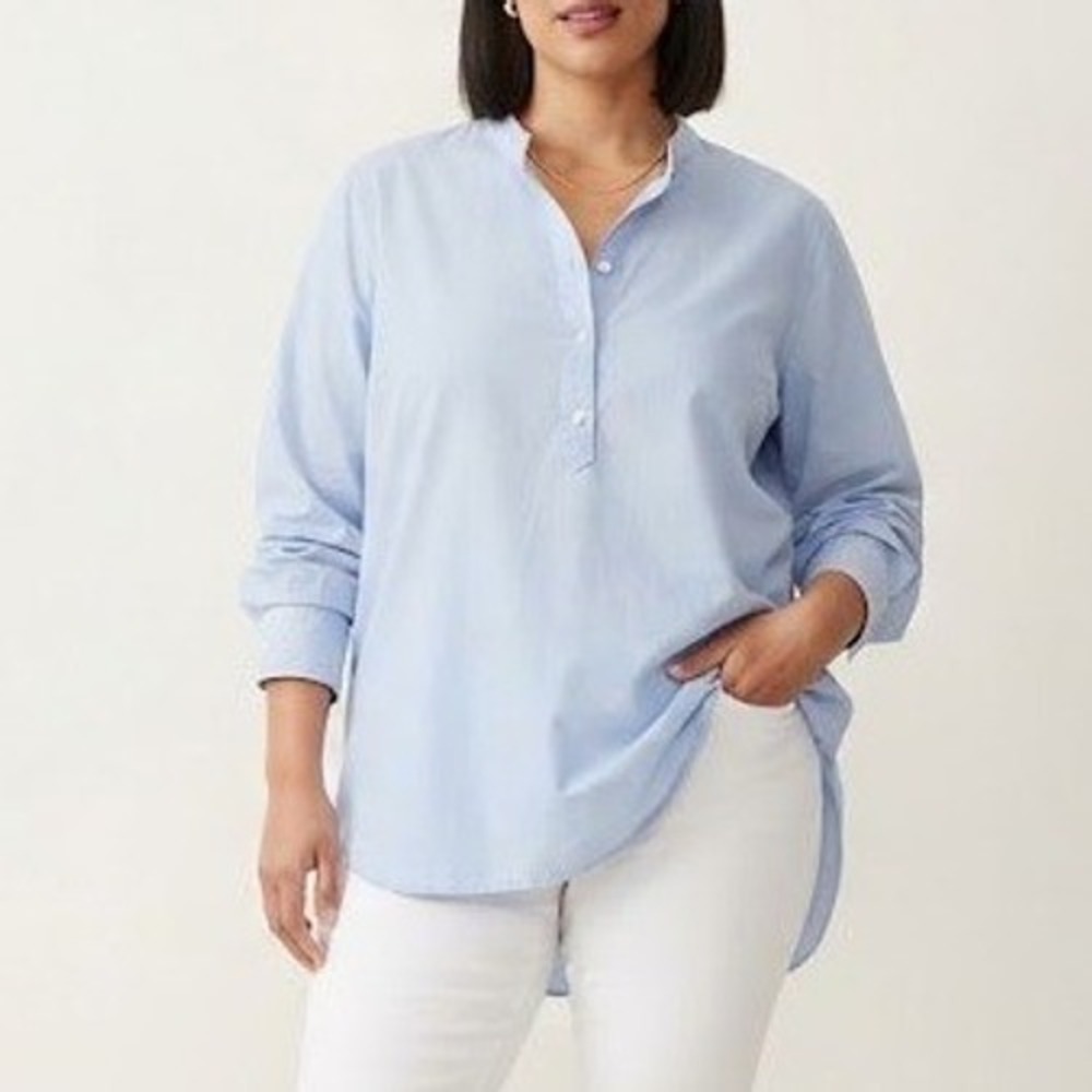 Duluth Trading Co Tunic Top Womens 1X Blue Band Collar Button Front Pockets